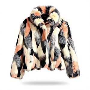 Stylish Faux Fur Jacket in Black, Cream, and Pink